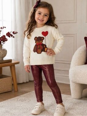 Toddler Girl Outfit 4T– Teddy Bear Sweater & Old Navy Shimmer Leggings